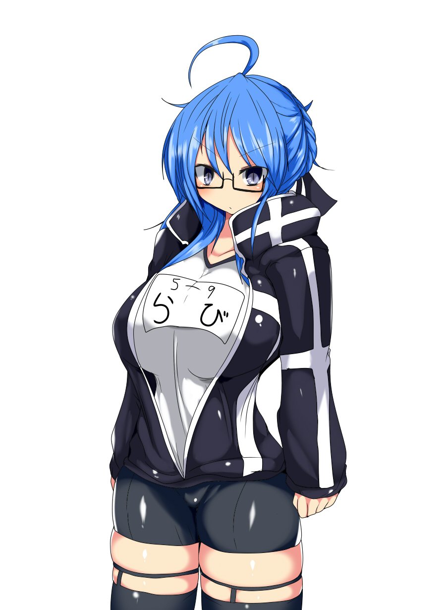 1girl ahoge artoria_pendragon_(all) bike_shorts blue_eyes blue_hair breasts cosplay fate_(series) glasses highres huge_breasts jacket looking_at_viewer mysterious_heroine_x_(alter) mysterious_heroine_x_(alter)_(cosplay) original skindentation solo taku_(yakumodaisuki) thigh-highs track_jacket track_suit
