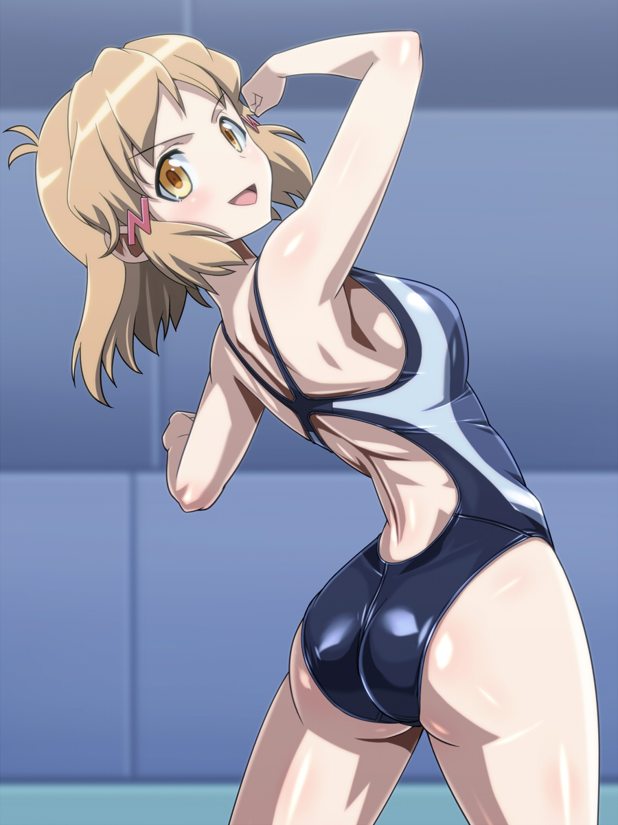 1girl arched_back ass back bare_shoulders blue_swimsuit blush breasts brown_eyes brown_hair competition_swimsuit cowboy_shot hair_ornament hairclip highres looking_back lydian_academy_swimsuit medium_breasts monteriakitto one-piece_swimsuit open_mouth senki_zesshou_symphogear shiny shiny_clothes shiny_hair shiny_skin short_hair sideboob solo stretch swimsuit tachibana_hibiki_(symphogear)