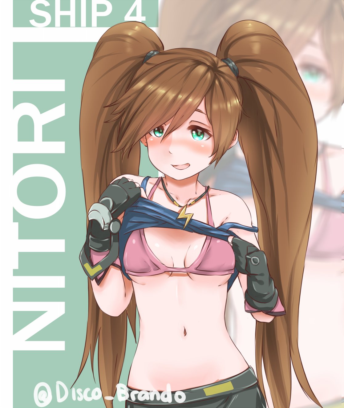 1girl :d black_gloves bra breasts brown_hair commentary commission disco_brando english_commentary fingerless_gloves gloves green_eyes groin hands_up highres jewelry lifted_by_self long_hair looking_at_viewer medium_breasts navel necklace open_mouth phantasy_star phantasy_star_online_2 pink_bra shirt_lift smile solo standing twintails twitter_username underwear very_long_hair zoom_layer