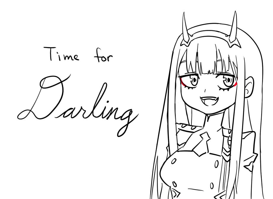 1girl bangs darling_in_the_franxx english eyeshadow hairband horns makeup matsu-sensei monochrome necktie open_mouth straight_hair white_hairband zero_two_(darling_in_the_franxx)