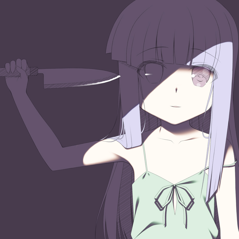 1girl bangs bare_shoulders blue_hair blunt_bangs dress furude_rika gaou green_dress higurashi_no_naku_koro_ni holding knife long_hair looking_at_viewer off_shoulder simple_background solo upper_body