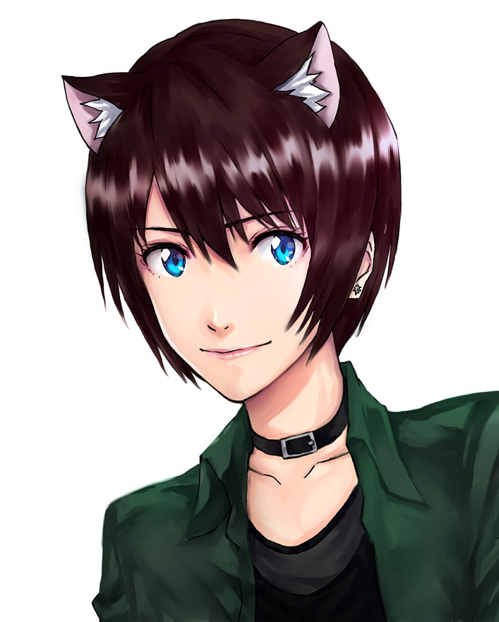 1girl animal_ears bai_wang bangs belt_collar black_shirt blue_eyes brown_hair cat_ears closed_mouth commentary_request eyebrows_visible_through_hair green_jacket jacket looking_at_viewer original shirt simple_background smile solo upper_body white_background