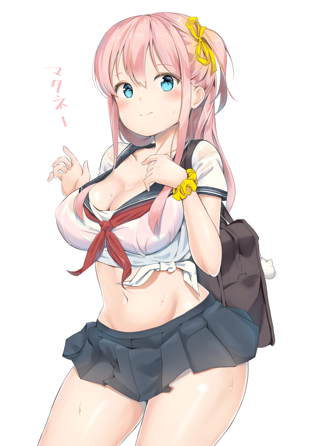 1girl aymusk bag bag_charm black_sailor_collar black_skirt blue_eyes blush bra breasts charm_(object) cleavage contrapposto copyright_request cowboy_shot hair_ribbon hand_on_own_chest hands_up highres large_breasts long_hair miniskirt navel neckerchief one_side_up pink_bra pink_hair pleated_skirt red_neckwear ribbon sailor_collar school_bag school_uniform scrunchie see-through serafuku shiny shiny_skin shirt short_sleeves sidelocks simple_background skirt solo standing stomach sweat tareme thighs tied_shirt translation_request underwear white_background white_ribbon white_shirt wrist_scrunchie yellow_ribbon yellow_scrunchie