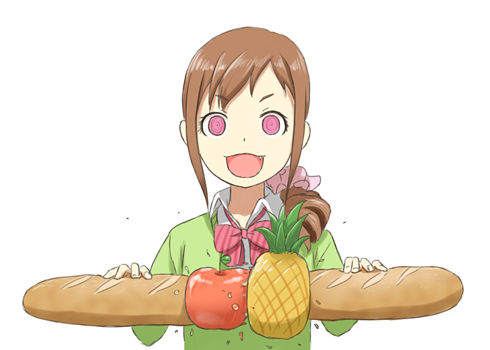 1girl @_@ apple baguette bow bowtie bread brown_hair drill_hair fang food fruit hands_up holding holding_food idolmaster idolmaster_cinderella_girls ikariko_(miu-f) long_hair looking_at_viewer oohara_michiru open_mouth parody pen-pineapple-apple-pen pineapple pink_eyes ponytail simple_background smile solo sweater upper_body white_background