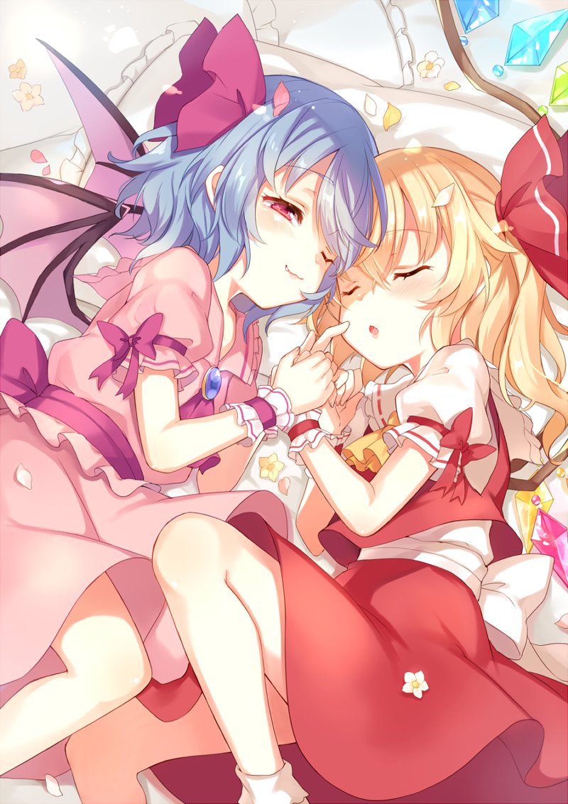 2girls :o ;3 ascot bare_legs bat_wings blonde_hair bow brooch fang flandre_scarlet hair_ribbon half-closed_eye hand_holding jewelry long_hair lying miniskirt multiple_girls no_hat no_headwear on_side one_eye_closed paragasu_(parags112) petals pink_bow pink_neckwear pink_ribbon pink_skirt puffy_short_sleeves puffy_sleeves red_eyes red_ribbon red_skirt remilia_scarlet ribbon short_sleeves siblings side_ponytail sisters skirt sleeping smile socks touhou white_legwear wings wrist_cuffs yellow_neckwear