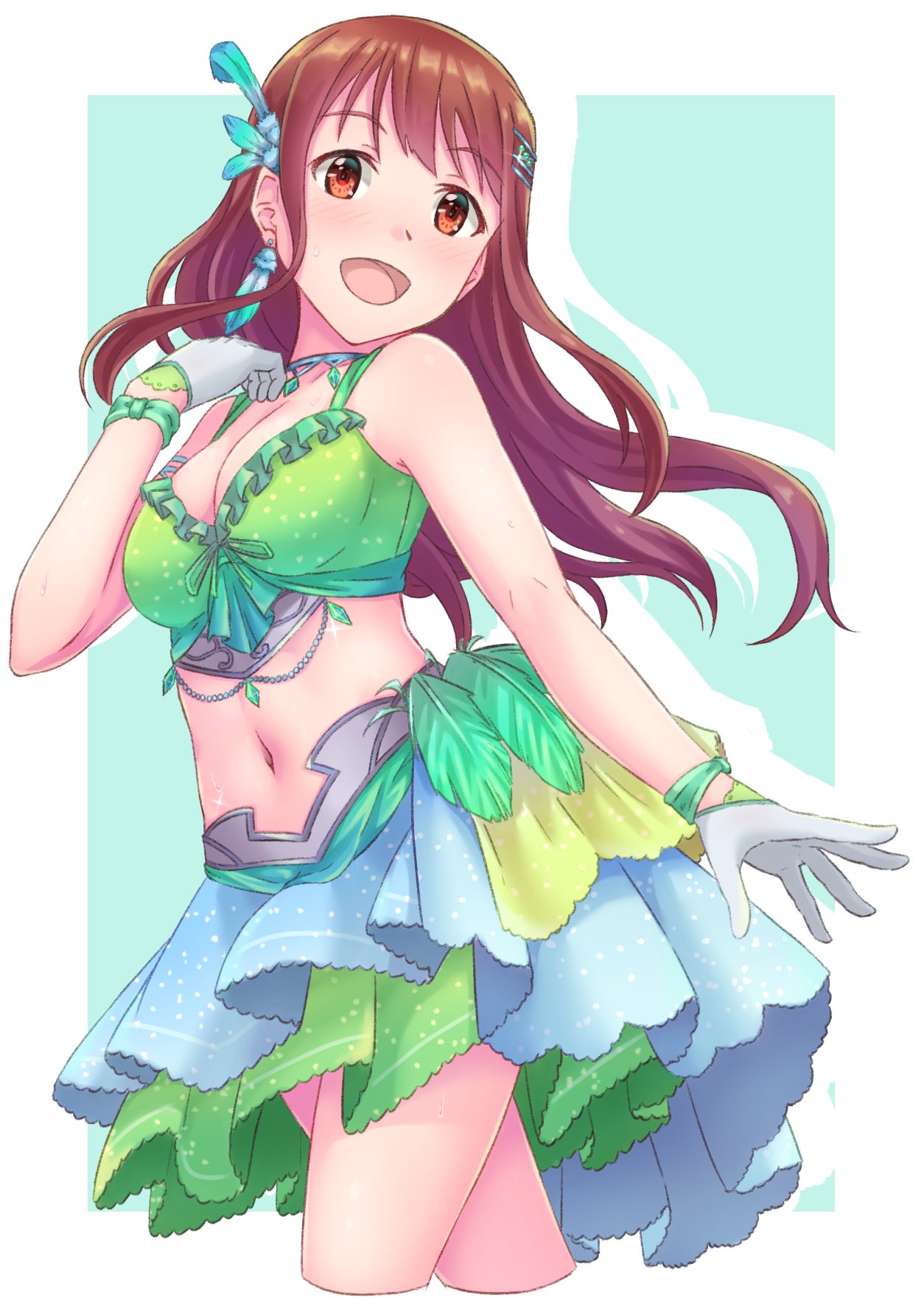 1girl :d alternate_color blush breasts brown_eyes brown_hair choker cleavage commentary feathers gloves green_skirt hair_ornament highres idol_clothes idolmaster idolmaster_million_live! jewelry layered_skirt long_hair looking_at_viewer midriff navel open_mouth skirt smile solo soujin stomach tanaka_kotoha thighs white_gloves