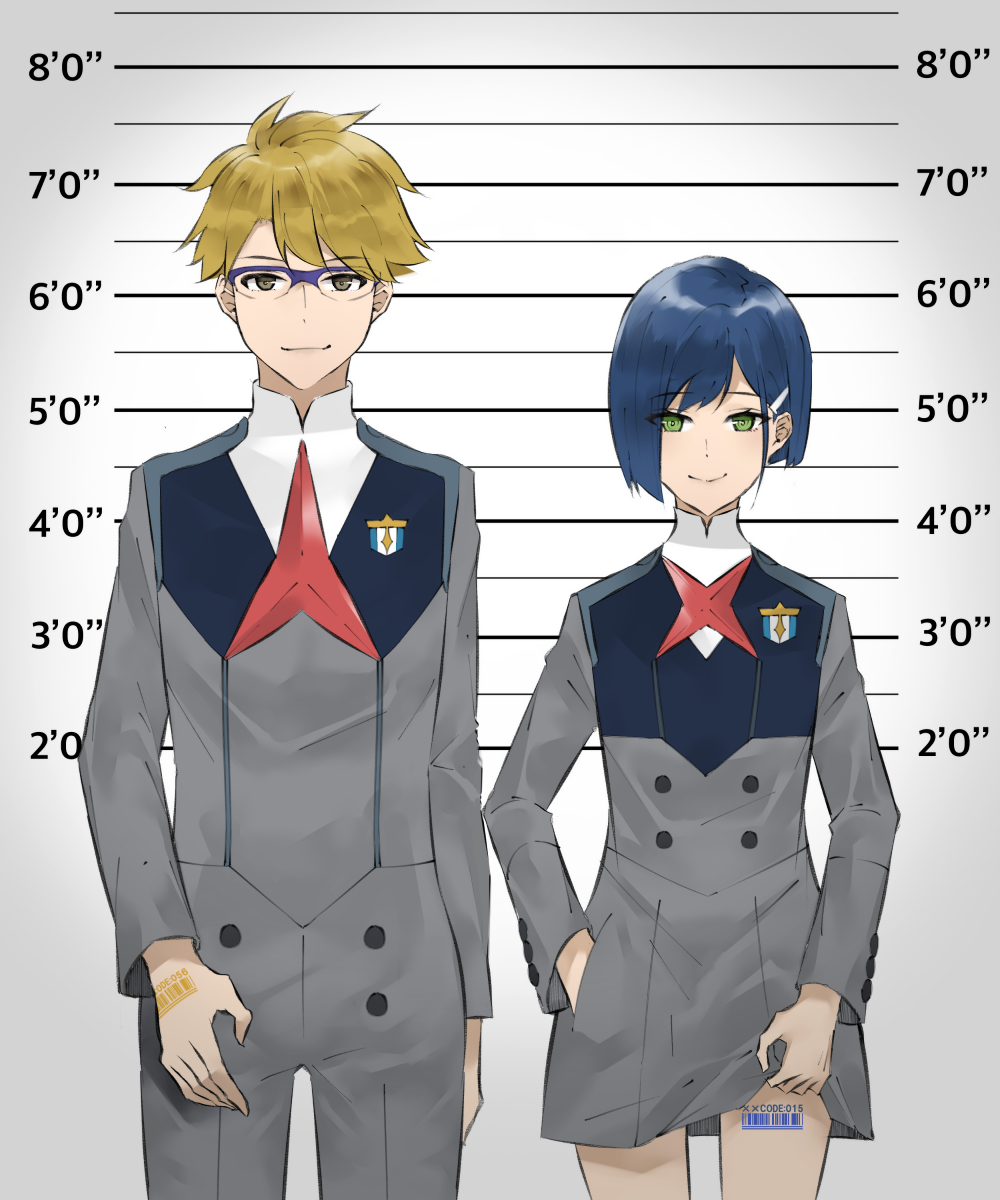 1boy 1girl barcode_tattoo blonde_hair blue-framed_eyewear blue_hair brown_eyes darling_in_the_franxx eyebrows_visible_through_hair glasses gorou_(darling_in_the_franxx) green_eyes hair_ornament hairclip hand_in_pocket height_chart highres ichigo_(darling_in_the_franxx) kaz_(kaazzz0416) lifted_by_self lineup mugshot short_hair smile smirk tattoo uniform