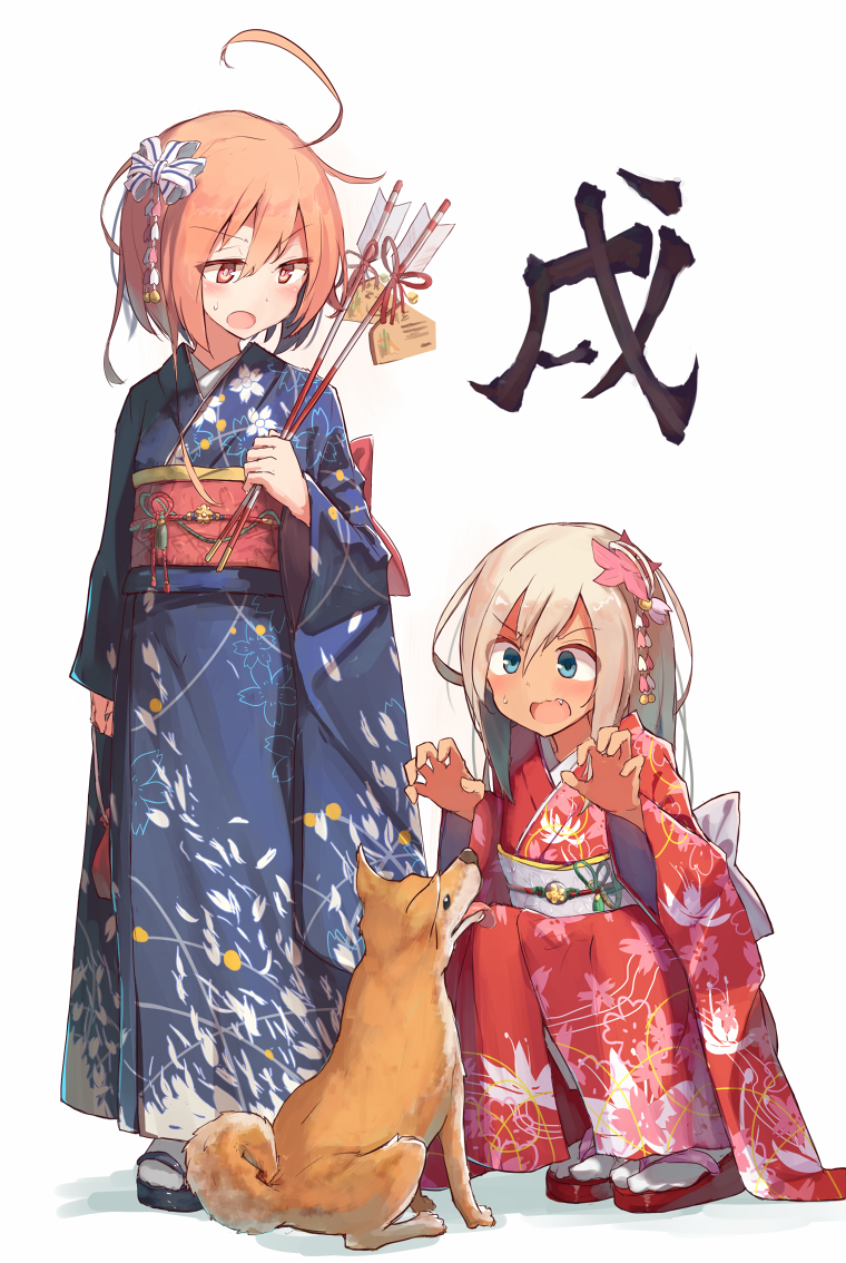 2girls ahoge alternate_costume animal aqua_eyes arrow beize_(garbage) blue_eyes blue_kimono blush bright_pupils chinese_zodiac commentary_request dog ema fang floral_print furisode hair_ornament hair_ribbon hamaya holding holding_arrow i-58_(kantai_collection) japanese_clothes kantai_collection kimi_kiss kimono multiple_girls new_year obi open_mouth red_eyes red_kimono ribbon ro-500_(kantai_collection) sandals sash simple_background socks squatting standing tabi tan white_background year_of_the_dog