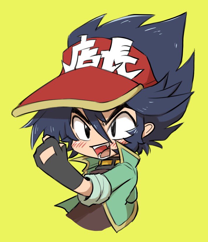 1boy animate_(company) anisawa_meito black_gloves black_hair cropped_torso fingerless_gloves gloves green_background green_jacket hat jacket male_focus red_hat simple_background sleeves_rolled_up smile solo spiky_hair visor