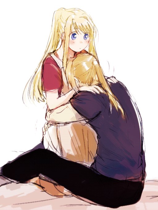 1boy 1girl :o back_turned bangs blonde_hair blue_eyes blue_shirt blush dress edward_elric eyebrows_visible_through_hair fingernails full_body fullmetal_alchemist hands_on_another's_shoulders hidden_face hug long_hair looking_at_another pants ponytail shirt simple_background sitting standing tsukuda0310 white_background winry_rockbell