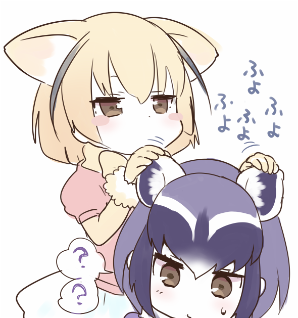 2girls ? animal_ears blonde_hair blush_stickers brown_eyes common_raccoon_(kemono_friends) ear_fondling fennec_(kemono_friends) grey_hair kemono_friends kuzumochiko multicolored_hair multiple_girls spoken_question_mark white_background