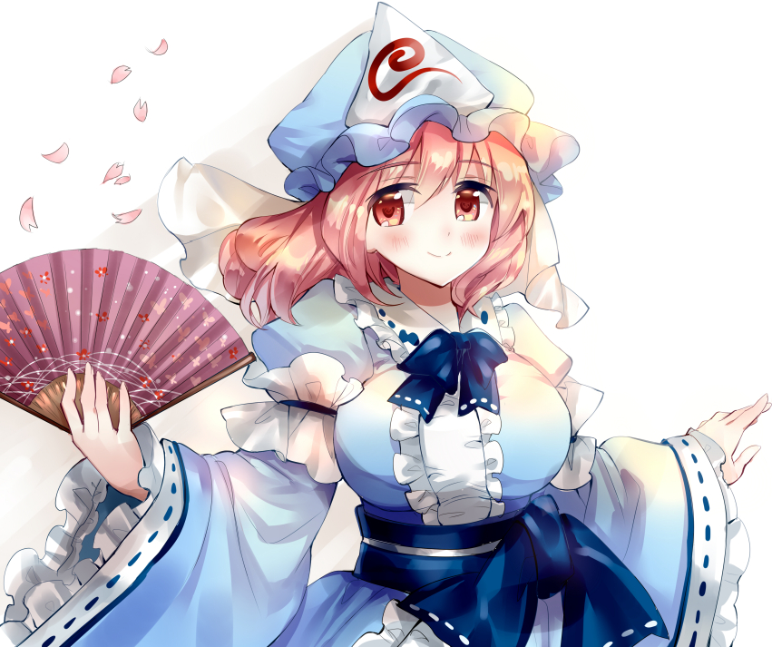 1girl blue_hat blue_kimono blue_neckwear blush breasts center_frills closed_mouth collar commentary_request eyebrows_visible_through_hair eyes_visible_through_hair fan fingernails floral_print folding_fan frilled_collar frilled_sleeves frills hat holding holding_fan japanese_clothes kimono large_breasts long_sleeves looking_at_viewer mob_cap nagare neck_ribbon obi orange_eyes petals pink_hair ribbon ribbon-trimmed_collar ribbon_trim saigyouji_yuyuko sash shadow short_hair simple_background smile solo tareme touhou triangular_headpiece upper_body veil white_background wide_sleeves