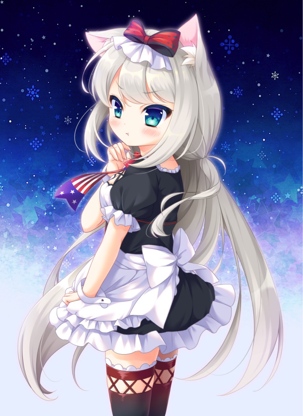 1girl :t american_flag american_flag_print animal_ears apron azur_lane bangs black_dress black_legwear blue_eyes blush bow cat_ears closed_mouth commentary_request cowboy_shot dress eyebrows_visible_through_hair fingernails flag_print frilled_apron frilled_dress frills grey_hair hair_bow hammann_(azur_lane) hand_up highres long_hair looking_at_viewer looking_to_the_side pout print_neckwear puffy_short_sleeves puffy_sleeves red_bow ryuuka_sane short_sleeves snowflakes solo star thigh-highs very_long_hair waist_apron white_apron wrist_cuffs