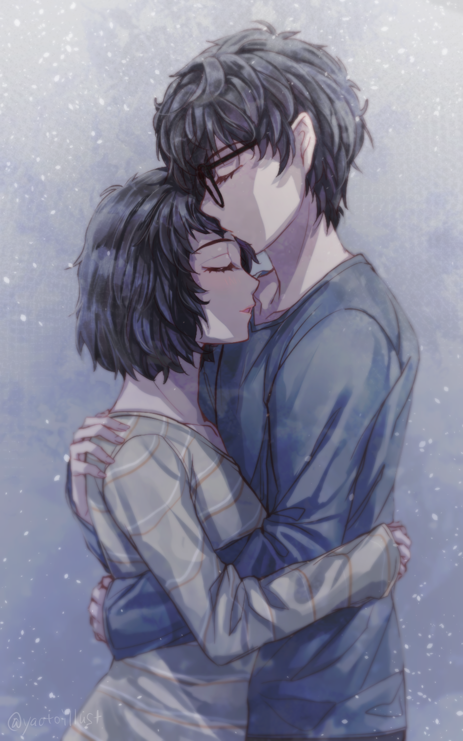 1boy 1girl amamiya_ren black-framed_eyewear black_hair black_shirt blush closed_eyes closed_mouth couple from_side glasses grey_background grey_shirt height_difference hetero highres hug kawakami_sadayo long_sleeves persona persona_5 profile shirt short_hair sleeves_past_wrists striped striped_shirt twitter_username upper_body yaoto