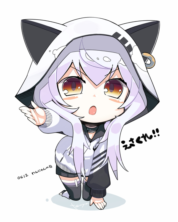 1girl animal_ears animal_hood arm_support azuma_lim azuma_lim_channel bangs black_legwear black_skirt brown_eyes cat_ears cat_hood chibi ear_piercing eyebrows_visible_through_hair hair_between_eyes hood hood_up hoodie kneeling long_hair long_sleeves looking_at_viewer open_mouth outstretched_arm piercing pleated_skirt sidelocks silver_hair skirt solo tanyatonya thigh-highs translation_request v-shaped_eyebrows very_long_hair virtual_youtuber white_background white_hoodie