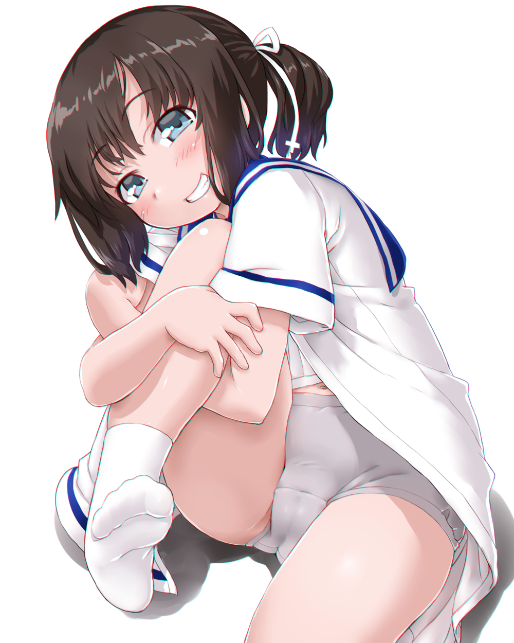 1girl black_hair blue_eyes daitou_(kantai_collection) dd_(ijigendd) dress grin hat highres kantai_collection leg_hug looking_at_viewer panties sailor_collar sailor_dress sailor_hat short_hair short_ponytail short_sleeves simple_background smile socks solo underwear white_background white_legwear white_panties