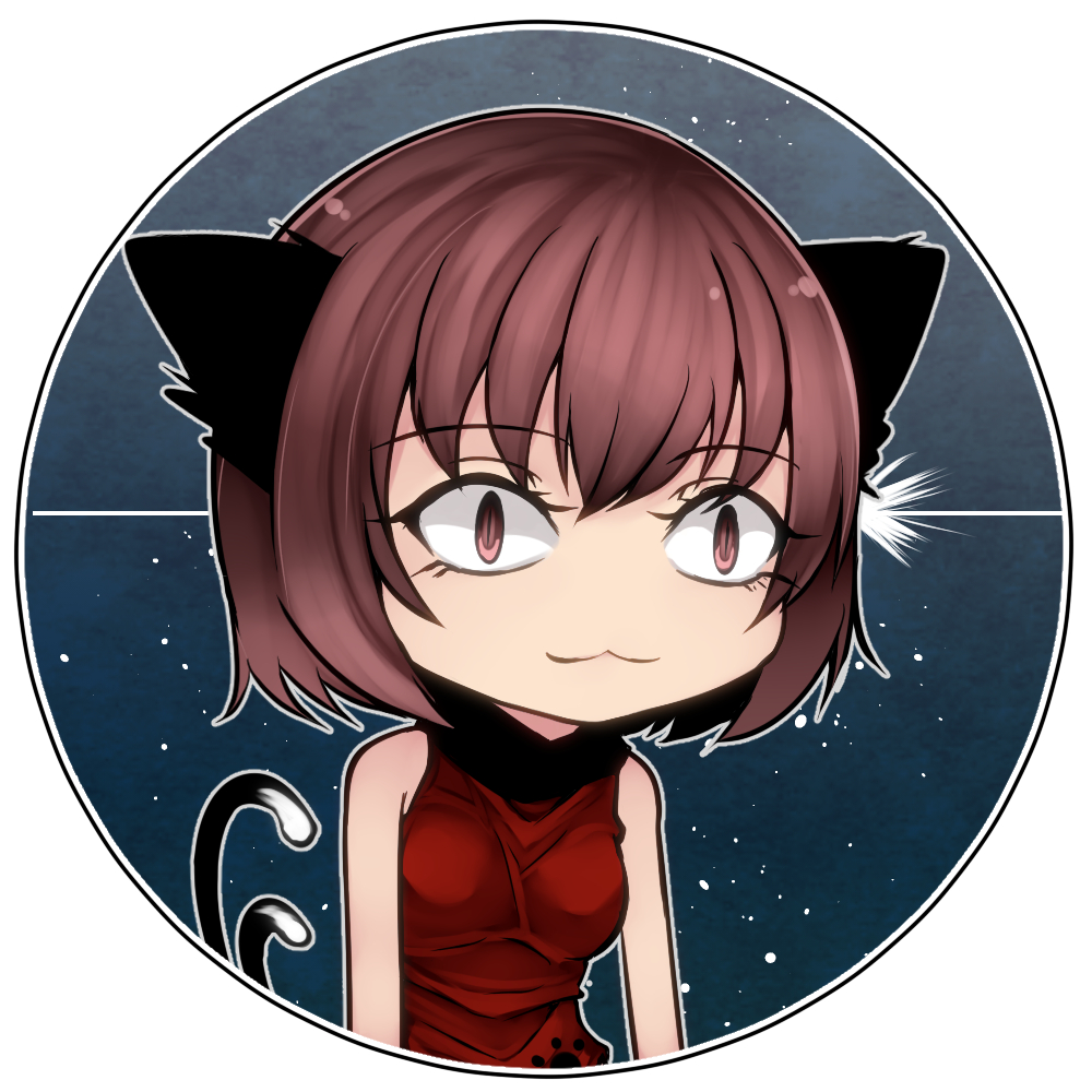 1girl :3 adapted_costume alternate_breast_size animal_ears aoshima bare_shoulders black_border blue_background border breasts brown_eyes brown_hair cat_ears cat_tail chen closed_mouth commentary_request constricted_pupils eyebrows_visible_through_hair eyelashes facing_viewer high_collar multiple_tails red_shirt shirt short_hair simple_background sleeveless sleeveless_shirt slit_pupils solo standing tail textless touhou two_tails upper_body