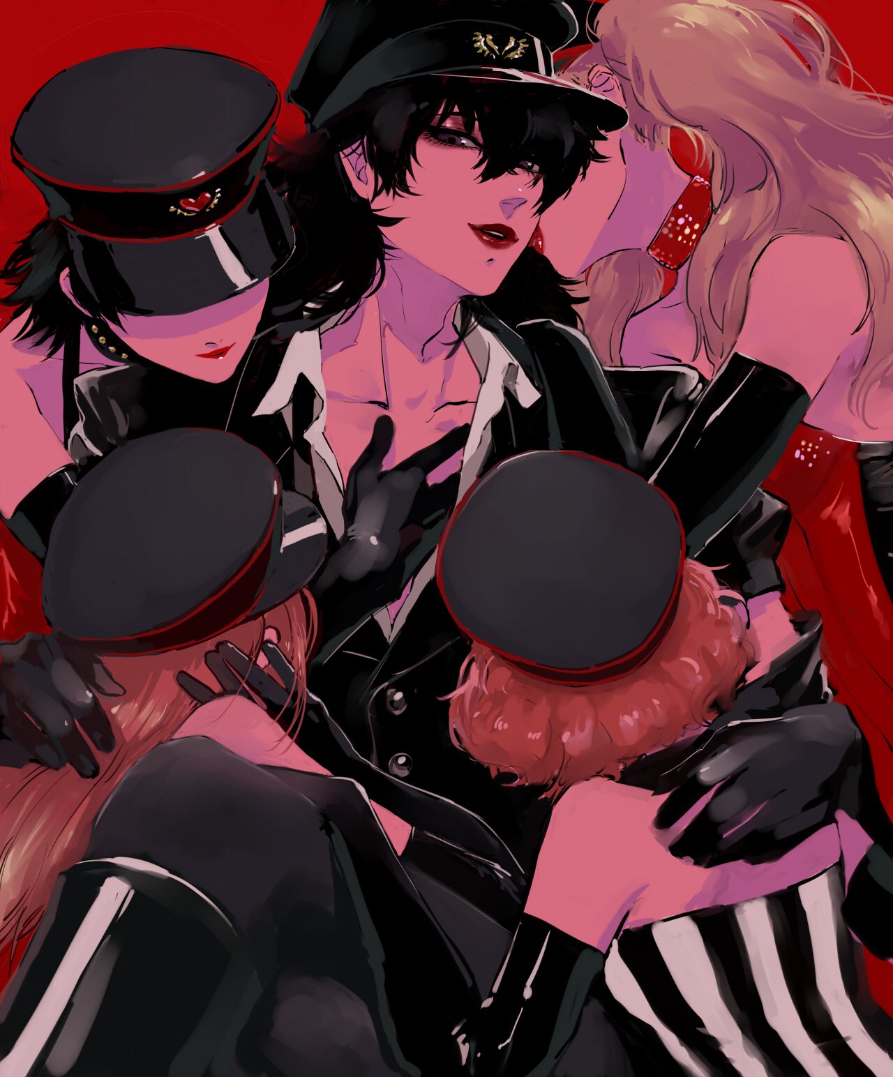 1boy 4girls alternate_costume amamiya_ren atlus black_gloves black_hair blonde_hair brown_hair crossdressinging elbow_gloves eyeshadow gloves harem hat hatomugi_gohan highres lipstick looking_at_viewer makeup megami_tensei mole mole_under_mouth multiple_girls niijima_makoto okumura_haru open_collar peaked_cap persona persona_5 persona_5:_dancing_star_night persona_dancing red_background red_lipstick sakura_futaba smile takamaki_anne trap