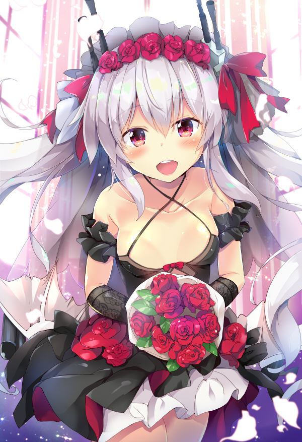 1girl arm_garter azur_lane bangs bare_shoulders black_dress black_gloves blush bouquet breasts cleavage closed_mouth collarbone dress dress_bow eyebrows_visible_through_hair floating_hair flower gloves hair_between_eyes hair_ornament hair_ribbon headgear holding holding_bouquet light_particles long_hair looking_at_viewer maruchan. no_bra open_mouth petals red_eyes ribbon rose sidelocks silver_hair silver_wings small_breasts smile solo standing tiara twintails underwear vampire_(azur_lane) very_long_hair wind wings