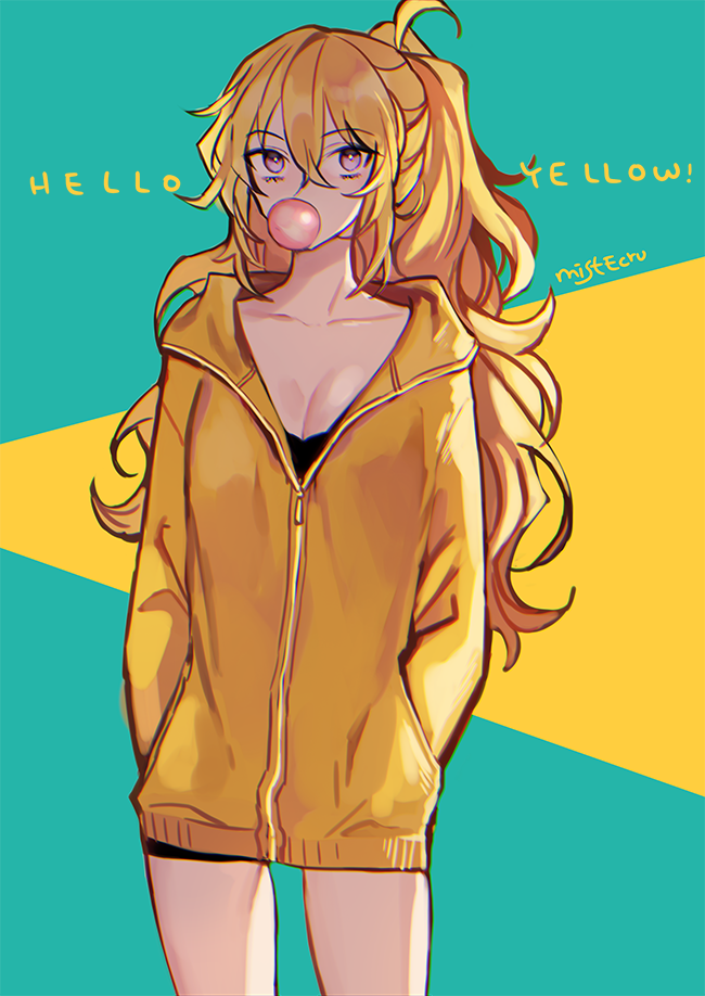 1girl ahoge blonde_hair breasts cleavage ecru english hands_in_pockets hood hoodie rwby solo twitter_username violet_eyes yang_xiao_long zipper