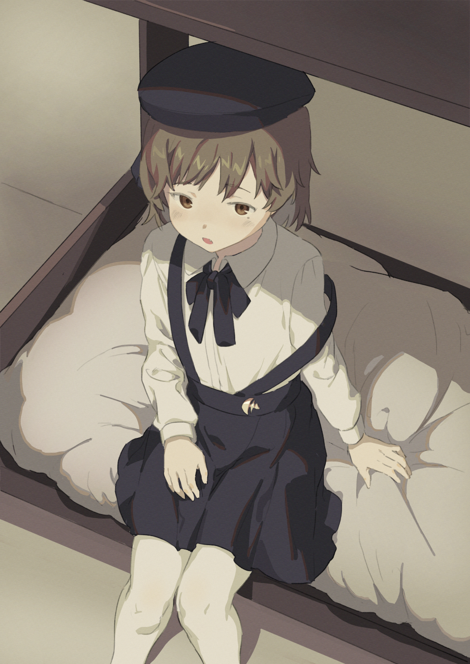 1girl arm_support bangs bed beret black_hat black_skirt blush brown_eyes brown_hair collared_shirt eyebrows_visible_through_hair fang hand_on_lap hat hatoba_tsugu hatoba_tsugu_(character) highres indoors long_sleeves looking_at_viewer mole mole_under_eye on_bed pantyhose parted_lips shirt sitting sitting_on_bed skirt solo sunao_(souis) suspender_skirt suspenders virtual_youtuber white_legwear white_shirt