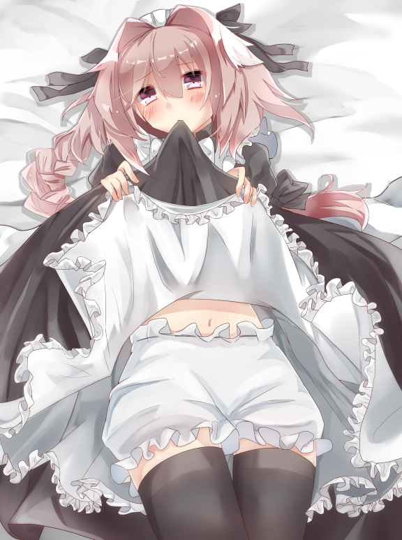 1boy apron astolfo_(fate) bangs bed_sheet black_bow black_dress black_legwear bloomers blush bow bowtie braid chieezuik closed_mouth commentary_request dot_nose dot_pupils dress dress_lift eyebrows_visible_through_hair fate/apocrypha fate_(series) frilled_apron frills furrowed_eyebrows hair_between_eyes hair_bow hair_intakes hands_up lifted_by_self long_hair looking_at_viewer lying maid maid_apron maid_headdress male_focus mouth_hold multicolored_hair navel on_back parted_bangs petticoat pink_eyes pink_hair puffy_sleeves shiny shiny_hair single_braid solo stomach streaked_hair thigh-highs trap two-tone_hair underwear white_apron white_bloomers white_hair white_neckwear