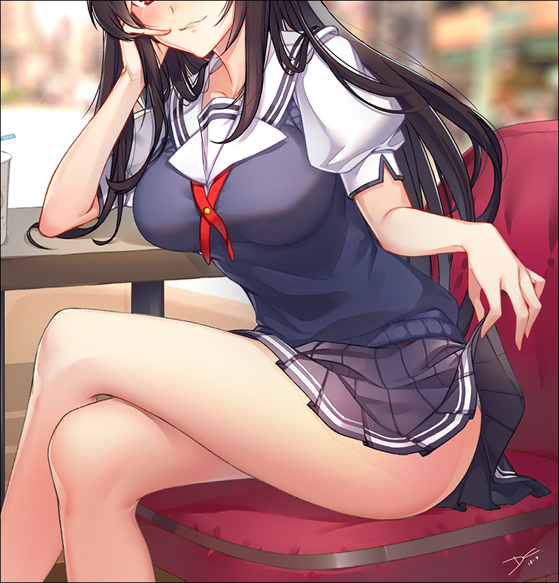 1girl bare_legs bendy_straw black_hair black_skirt blush breasts cup dreamcatcher drinking_straw hand_on_own_cheek head_out_of_frame indoors kasumigaoka_utaha large_breasts legs_crossed lifted_by_self lips long_hair looking_at_viewer no_legwear panties pleated_skirt puffy_short_sleeves puffy_sleeves red_eyes saenai_heroine_no_sodatekata school_uniform short_sleeves sitting skirt skirt_lift smile solo sweater_vest table underwear