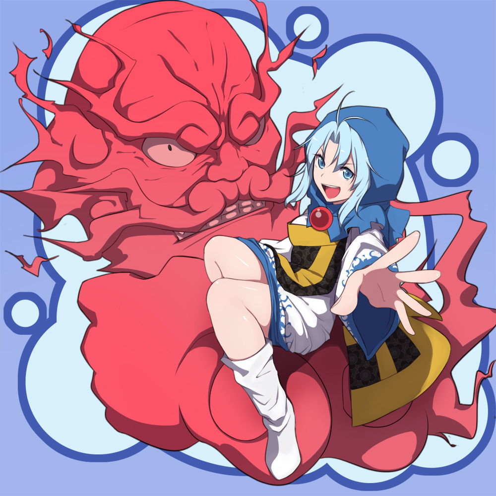 1boy 1girl angry bald bangs beard blue_eyes blue_hair boots clouds dress facial_hair hair_between_eyes hood jewelry kesa knees_up kumoi_ichirin long_sleeves looking_at_viewer nun open_mouth otoufu_(wddkq314band) pendant sitting smile teeth touhou unzan wide_sleeves