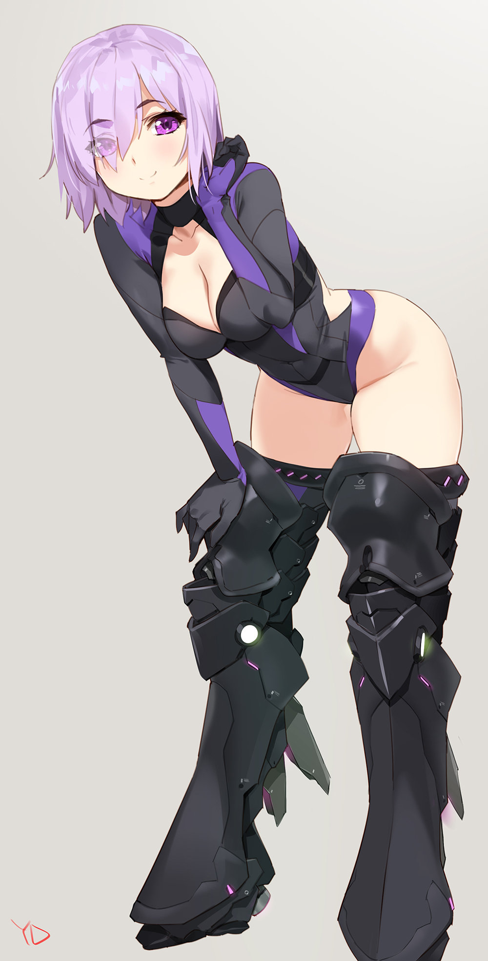 1girl adjusting_hair armor armored_boots artist_name bangs black_armor black_leotard blush boots breasts cleavage cleavage_cutout clenched_hand closed_mouth collarbone commentary covered_collarbone covered_navel eyebrows_visible_through_hair eyes_visible_through_hair fate/grand_order fate_(series) from_side full_body gloves glowing greaves grey_background groin hair_over_one_eye hand_on_own_knee hand_on_own_thigh hand_up highleg highleg_leotard highres hip_vent lavender_hair leaning_forward leotard light_smile long_sleeves looking_at_viewer mash_kyrielight medium_breasts neon_trim one_eye_covered orthenaus purple_hair short_hair signature simple_background smile solo standing thigh-highs thighs turtleneck violet_eyes yang-do
