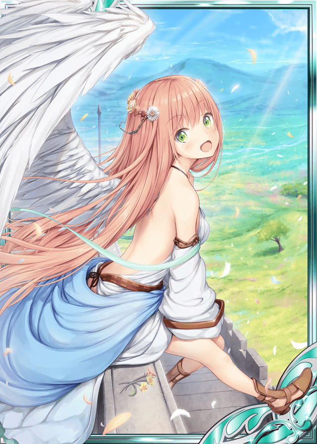 1girl :d akkijin angel angel_wings back bare_shoulders blue_sky breasts brown_hair card_(medium) dress field flower green_eyes hair_flower hair_ornament looking_at_viewer mountain official_art open_mouth shinkai_no_valkyrie sitting sky small_breasts smile solo sunlight tree white_dress wings