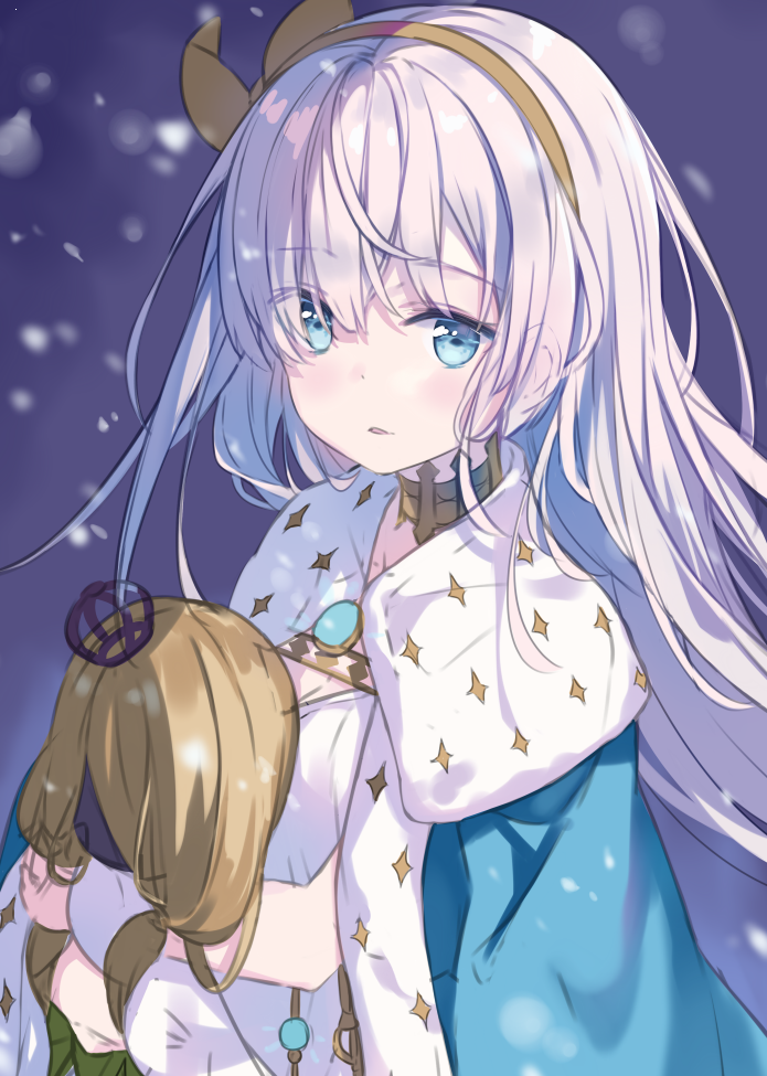 1girl anastasia_(fate/grand_order) bangs blue_cloak blue_eyes blush brown_hairband brown_ribbon cloak crown dress eyebrows_visible_through_hair fate/grand_order fate_(series) hair_between_eyes hair_ribbon hairband hitsukuya holding light_brown_hair long_hair looking_at_viewer mini_crown parted_lips ribbon royal_robe silver_hair solo very_long_hair white_dress