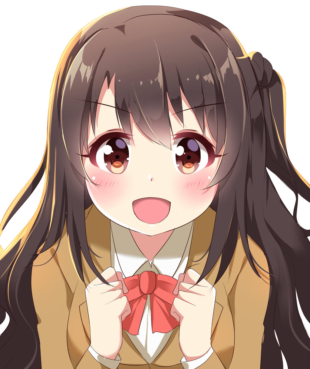 1girl :d agung_syaeful_anwar blush bow bowtie brown_eyes brown_hair brown_jacket collared_shirt commentary eyebrows_visible_through_hair hands_up highres idolmaster idolmaster_cinderella_girls jacket long_hair long_sleeves looking_at_viewer one_side_up open_mouth red_neckwear shimamura_uzuki shirt simple_background smile solo upper_body white_background white_shirt wing_collar