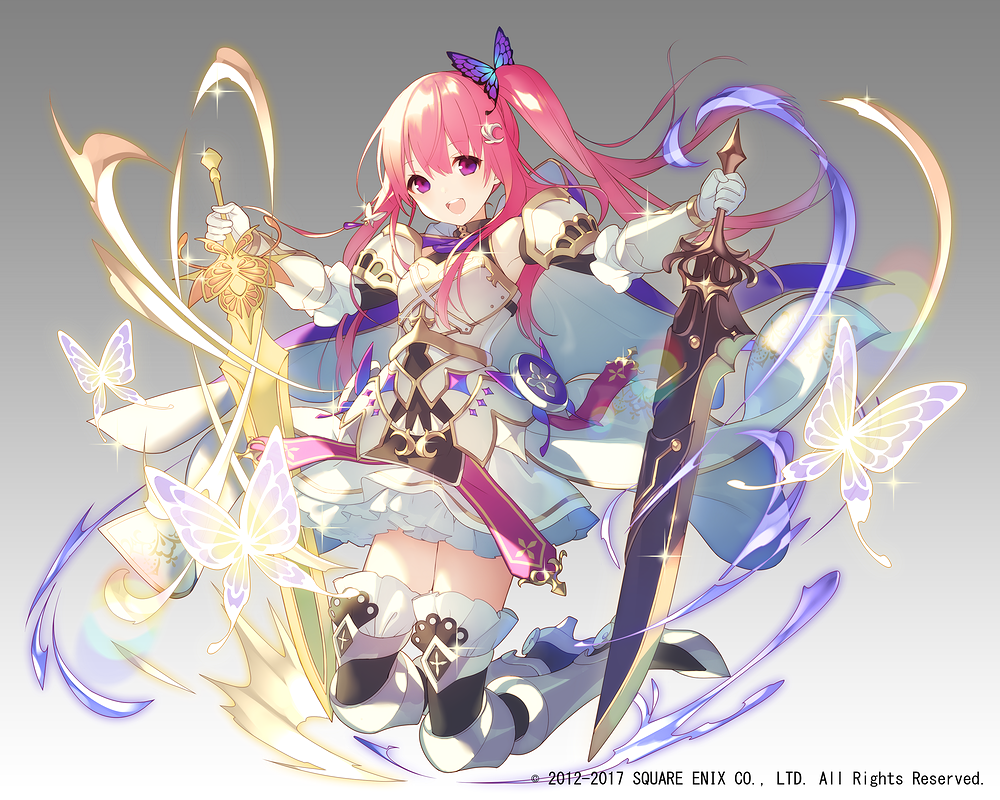1girl :d armor armored_boots armored_dress bangs black_legwear blush boots butterfly butterfly_hair_ornament commentary_request detached_sleeves dress dual_wielding eyebrows_visible_through_hair full_body gloves hair_between_eyes hair_ornament holding holding_sword holding_weapon insect kai-ri-sei_million_arthur long_hair long_sleeves official_art open_mouth pink_hair sidelocks smile solo sword thigh-highs thigh_boots twintails upper_teeth vambraces violet_eyes weapon white_dress white_gloves yamiya