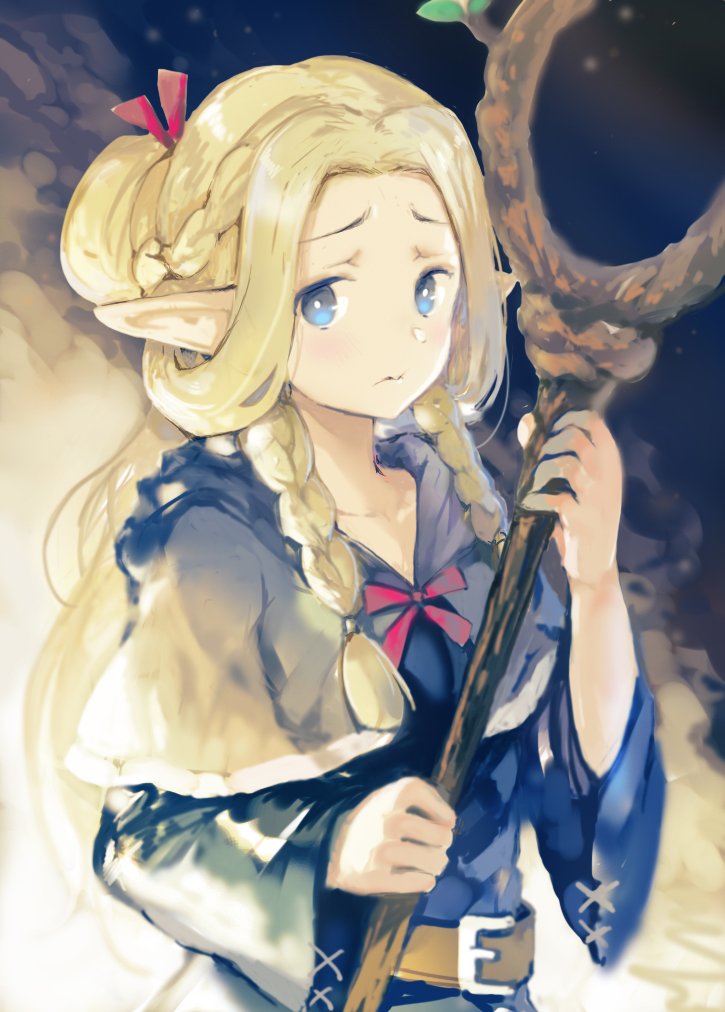 1girl belt blonde_hair blue_dress blue_eyes braid capelet closed_mouth commentary_request dress dungeon_meshi elf long_sleeves looking_at_viewer marcille neck_ribbon pointy_ears red_neckwear red_ribbon ribbon sibyl solo staff two-handed wide_sleeves