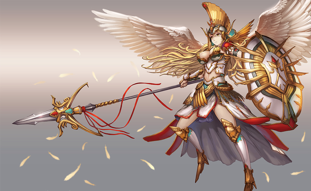 1girl angel angel_wings armor blonde_hair boots breasts closed_mouth commentary_request feathers floating_hair flying green_eyes grey_background helm helmet holding holding_weapon large_breasts maekawa_yuichi original polearm shield solo spear spread_wings weapon wings