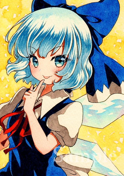 1girl :p bangs blue_bow blue_eyes blue_hair blush bow cirno eyebrows_visible_through_hair finger_to_mouth hair_bow ice ice_wings looking_at_viewer neck_ribbon puffy_short_sleeves puffy_sleeves qqqrinkappp red_ribbon ribbon sample short_hair short_sleeves solo tongue tongue_out touhou traditional_media upper_body wings yellow_background