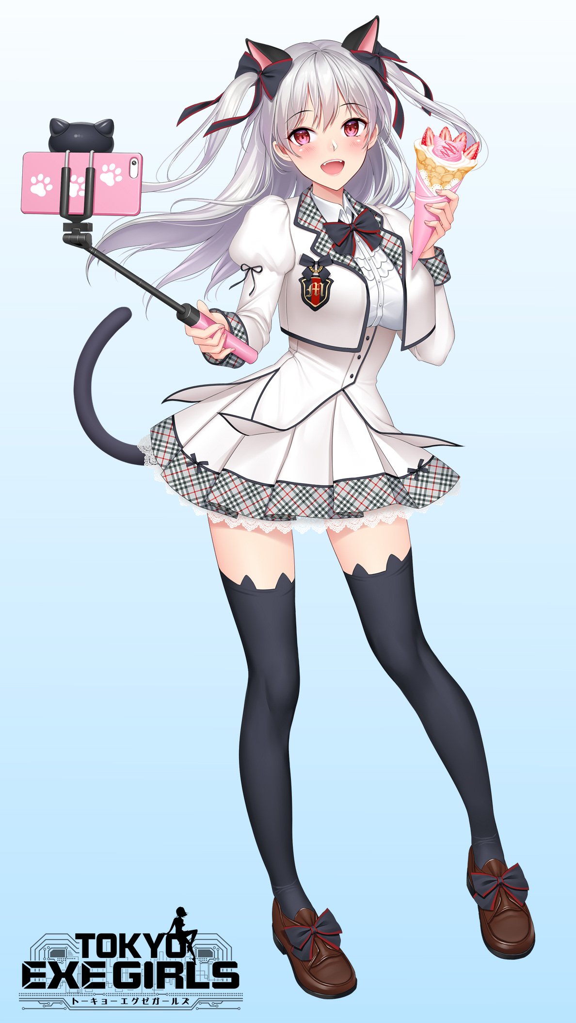 1girl animal_ears bangs black_legwear blush bow breasts buttons cat_ears cat_tail cellphone commentary_request detached_sleeves emblem eyebrows_visible_through_hair fake_animal_ears food full_body gradient gradient_background hair_bow highres holding loafers logo long_sleeves medium_breasts official_art open_mouth phone pleated_skirt red_eyes ribbon school_uniform self_shot shimashima08123 shoes silver_hair simple_background skirt solo standing tail thigh-highs tokyo_exe_girls zettai_ryouiki