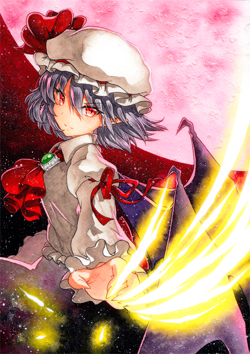 1girl ascot bangs bat_wings black_wings bow brooch closed_mouth eyebrows_visible_through_hair from_side grey_hair hair_between_eyes hat hat_bow jewelry juliet_sleeves long_sleeves looking_at_viewer mob_cap moon pointy_ears puffy_sleeves qqqrinkappp red_bow red_eyes red_moon remilia_scarlet short_hair slit_pupils solo touhou traditional_media upper_body white_hat wings