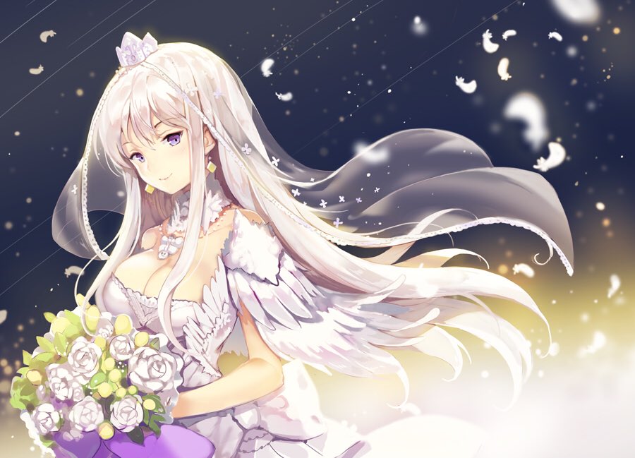 1girl azur_lane bouquet breasts bride cleavage closed_mouth commentary_request crown detached_collar dress enterprise_(azur_lane) feathers floating_hair flower jewelry large_breasts long_hair looking_at_viewer necklace pink_hair rose sibyl smile solo standing veil violet_eyes wedding_dress white_dress white_flower white_rose