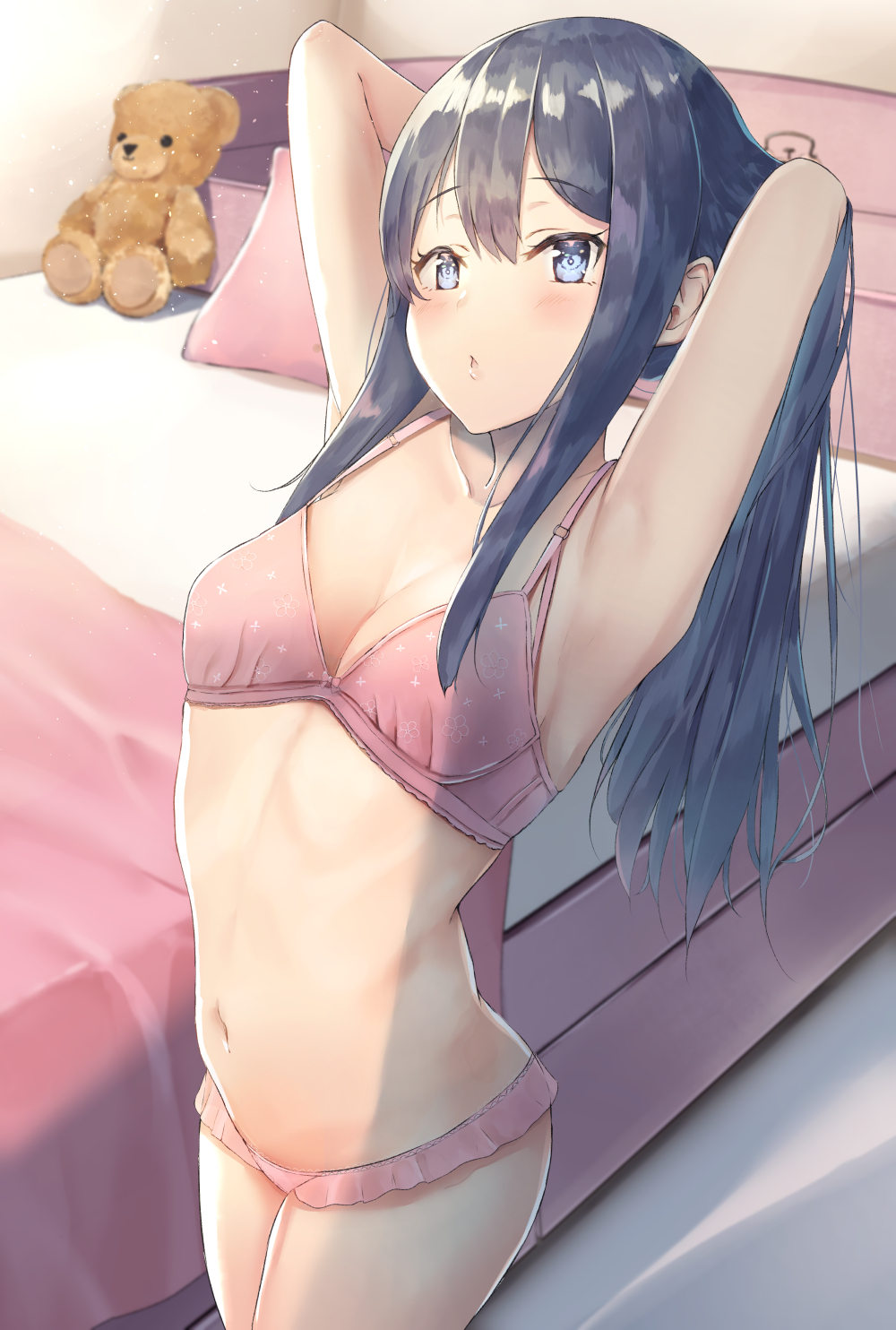 1girl adjusting_hair akatsuki_(kantai_collection) bed blush bra breasts collarbone hair_between_eyes highres irohakaede kantai_collection long_hair parted_lips pillow pink_bra purple_hair small_breasts solo stuffed_animal stuffed_toy teddy_bear underwear violet_eyes