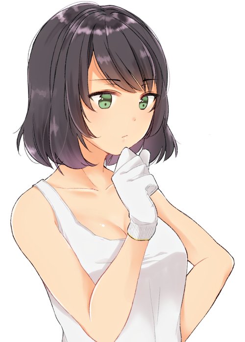 1girl black_hair breasts cleavage clenched_hand closed_mouth collarbone commentary dark_skin eyebrows_visible_through_hair girls_und_panzer gloves green_eyes hand_on_own_chin hoshino_(girls_und_panzer) light_frown looking_to_the_side mechanic medium_breasts shirt short_hair simple_background solo standing tam_a_mat tank_top upper_body white_background white_gloves white_shirt