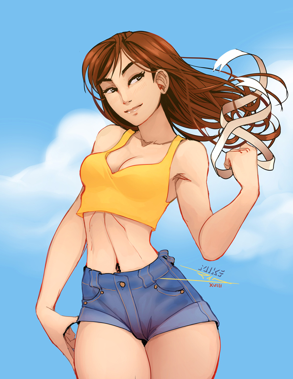 1girl alternate_hairstyle blue_sky breasts brown_hair casual chun-li cleavage commentary crop_top day denim denim_shorts english_commentary hair_down hair_ribbon long_hair mike_nesbitt navel ribbon short_shorts shorts sky small_breasts solo stomach street_fighter street_fighter_ii_(series)