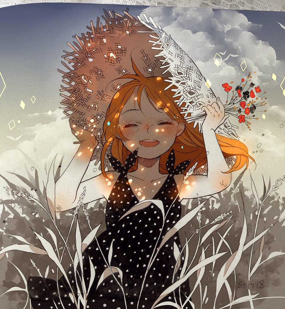 1girl blonde_hair clouds dress flower grass hat open_mouth original semcool smile solo