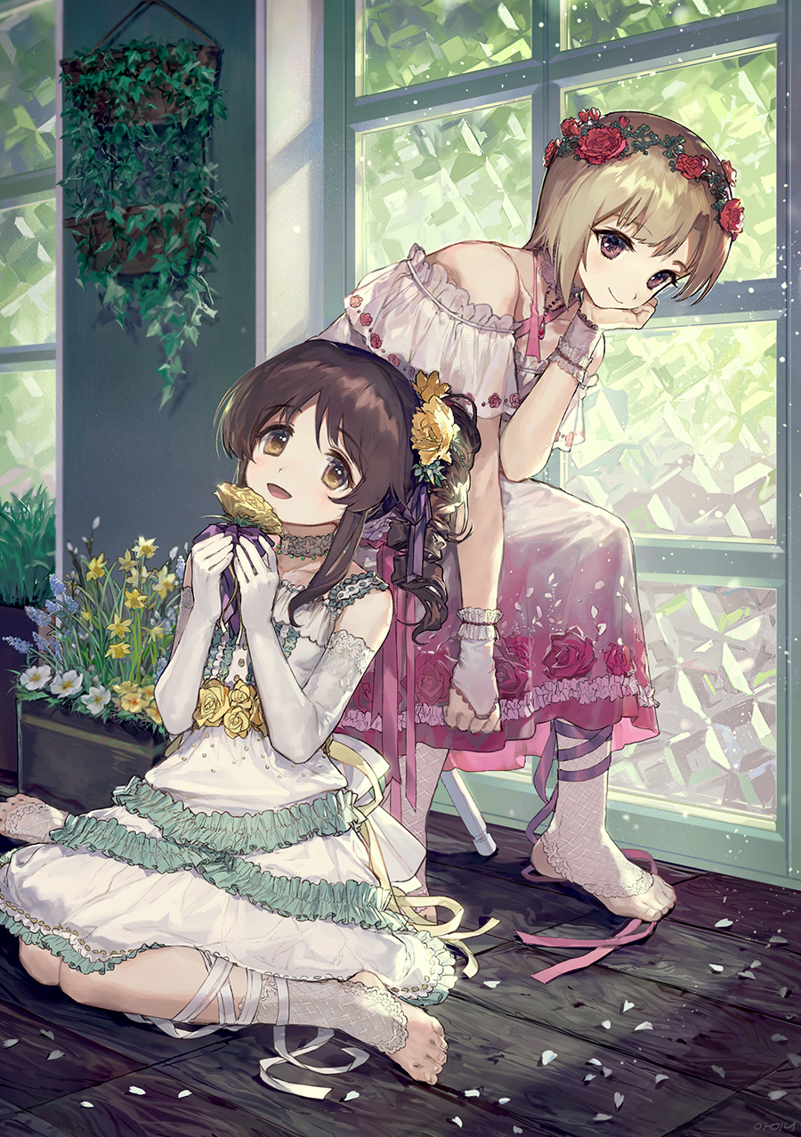 2girls aiba_yumi ainy77 arm_support bare_shoulders barefoot blonde_hair bridal_gauntlets brown_eyes brown_hair choker commentary_request corsage curly_hair detached_sleeves dress elbow_gloves eyebrows_visible_through_hair floral_print flower flower_wreath frilled_dress frills gloves hair_flower hair_ornament hanging_plant highres holding holding_flower idolmaster idolmaster_cinderella_girls jewelry long_hair looking_at_viewer multiple_girls necklace open_mouth ponytail purple_ribbon ribbon short_hair sidelocks sitting smile strapless strapless_dress takamori_aiko toeless_legwear toes wariza white_dress white_ribbon window wooden_floor