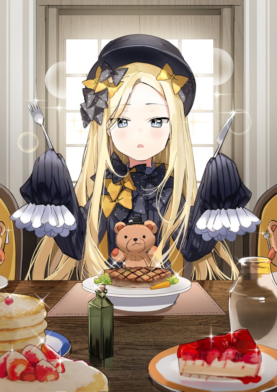 1girl abigail_williams_(fate/grand_order) bangs black_bow black_dress black_hat blonde_hair blue_eyes blush bow cake chair commentary_request day dress eyebrows_visible_through_hair fate/grand_order fate_(series) food forehead fork fruit hair_bow hands_up hat highres holding holding_fork holding_knife indoors knife long_hair long_sleeves mini_hat on_chair orange_bow pancake parted_bangs parted_lips polka_dot polka_dot_bow popuru sitting sleeves_past_fingers sleeves_past_wrists slice_of_cake solo sparkle stack_of_pancakes steak strawberry stuffed_animal stuffed_toy sunlight table teddy_bear very_long_hair window