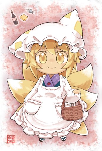 1girl apron basket blonde_hair bottle chibi fish food fox_tail frilled_apron frills full_body hat long_sleeves looking_at_viewer multiple_tails pillow_hat pink_background pmx puffy_long_sleeves puffy_sleeves sandals short_hair smile socks solo tail tofu touhou white_apron white_hat white_legwear yakumo_ran yellow_eyes