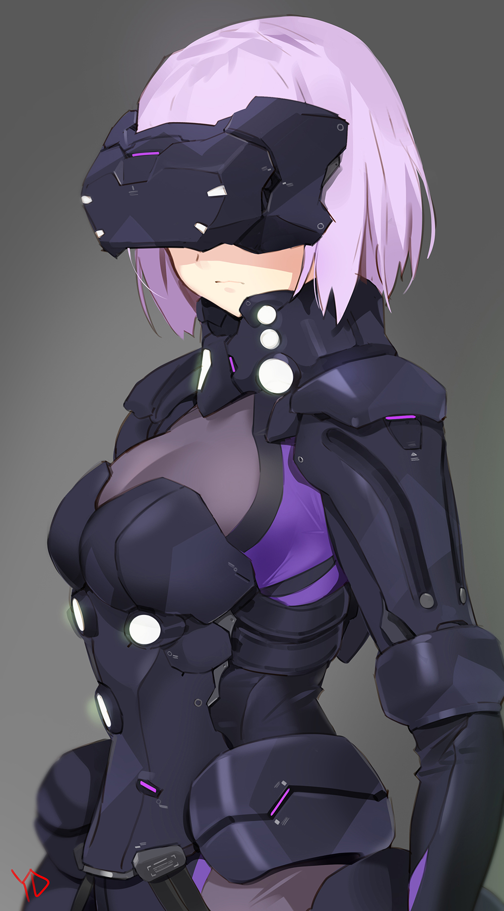 1girl armor boobplate breasts cleavage closed_mouth commentary covered_eyes fate/grand_order fate_(series) grey_background highres mash_kyrielight medium_breasts orthenaus pink_hair pouch see-through serious short_hair signature simple_background solo standing upper_body vr_visor yang-do