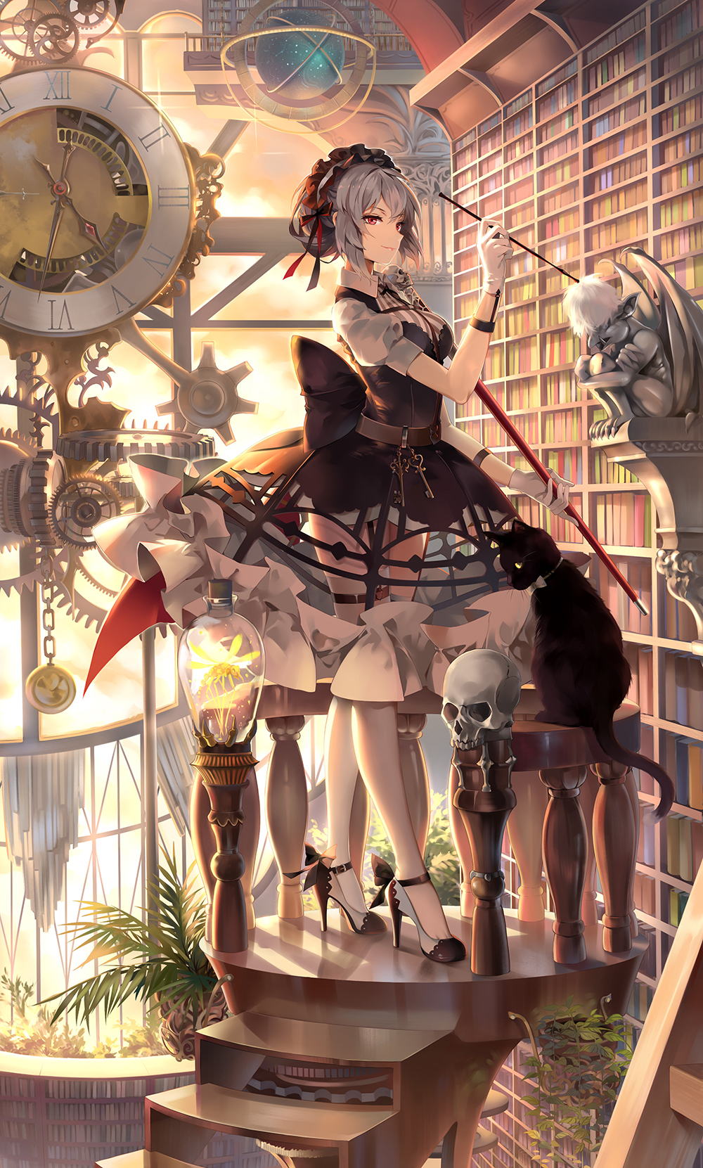 1girl baluster belt black_cat bonnet book bookshelf bow cane cat character_request clock clockwork gears globe gloves handrail high_heels highres insect jar jidong_zhandui key library neko_(yanshoujie) plant potted_plant puffy_short_sleeves puffy_sleeves red_eyes short_sleeves silver_hair smirk solo stairs statue strappy_heels thigh-highs thigh_strap white_gloves white_legwear