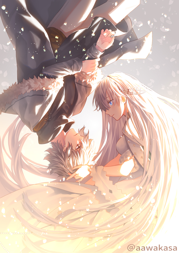 1boy 1girl anastasia_(fate/grand_order) bangs black_shirt blue_eyes blush breasts closed_mouth commentary_request dress earrings eye_contact eyebrows_visible_through_hair fate/grand_order fate_(series) fingernails fur-trimmed_jacket fur_trim grey_jacket hair_between_eyes jacket jewelry kadoc_zemlupus long_hair long_sleeves looking_at_another medium_breasts open_clothes open_jacket pants parted_lips profile red_eyes ring ryuuki_(hydrangea) shirt silver_hair twitter_username upside-down very_long_hair white_dress white_pants