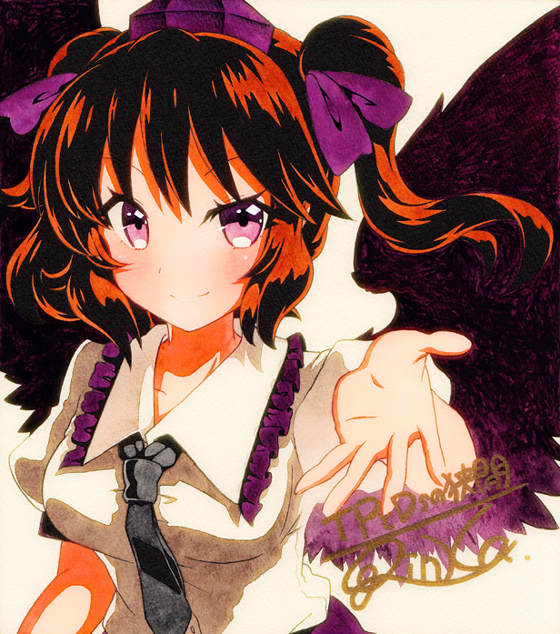 1girl bangs black_neckwear black_wings breasts brown_hair closed_mouth hair_ribbon hat himekaidou_hatate looking_at_viewer medium_breasts necktie puffy_short_sleeves puffy_sleeves purple_hat purple_ribbon qqqrinkappp ribbon shikishi short_sleeves signature simple_background smile solo tokin_hat touhou traditional_media twintails upper_body violet_eyes wings